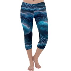 Tsunami Waves Ocean Sea Water Rough Seas Capri Yoga Leggings by uniart180623