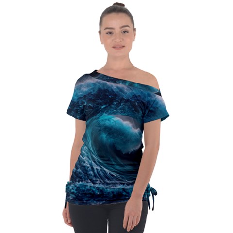 Tsunami Waves Ocean Sea Water Rough Seas Off Shoulder Tie-up Tee by uniart180623