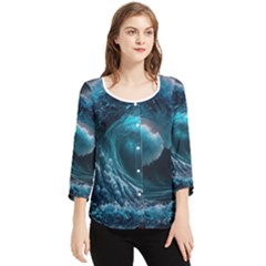 Tsunami Waves Ocean Sea Water Rough Seas Chiffon Quarter Sleeve Blouse by uniart180623