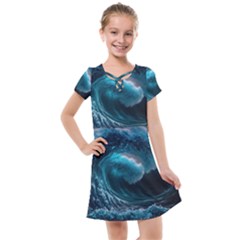 Tsunami Waves Ocean Sea Water Rough Seas Kids  Cross Web Dress by uniart180623