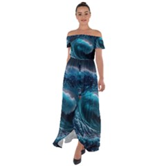 Tsunami Waves Ocean Sea Water Rough Seas Off Shoulder Open Front Chiffon Dress by uniart180623