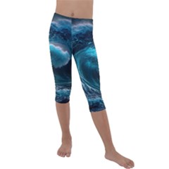 Tsunami Waves Ocean Sea Water Rough Seas Kids  Lightweight Velour Capri Leggings  by uniart180623