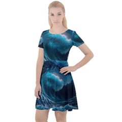 Tsunami Waves Ocean Sea Water Rough Seas Cap Sleeve Velour Dress  by uniart180623