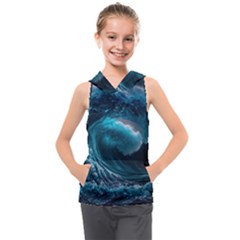 Tsunami Waves Ocean Sea Water Rough Seas Kids  Sleeveless Hoodie by uniart180623