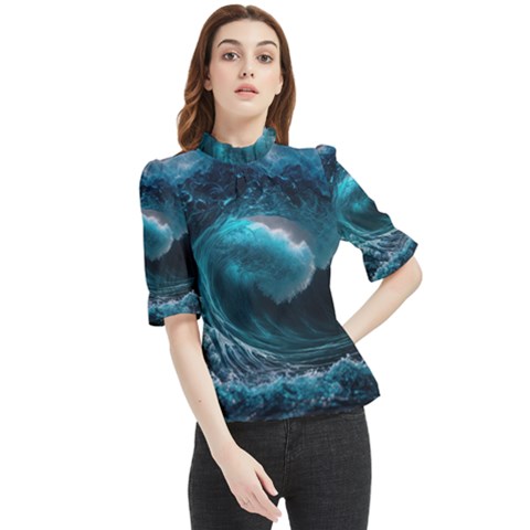 Tsunami Waves Ocean Sea Water Rough Seas Frill Neck Blouse by uniart180623