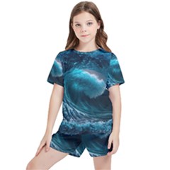 Tsunami Waves Ocean Sea Water Rough Seas Kids  Tee And Sports Shorts Set by uniart180623