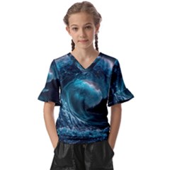 Tsunami Waves Ocean Sea Water Rough Seas Kids  V-neck Horn Sleeve Blouse by uniart180623