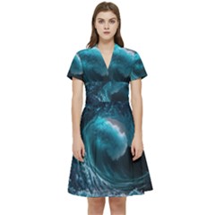 Tsunami Waves Ocean Sea Water Rough Seas Short Sleeve Waist Detail Dress by uniart180623