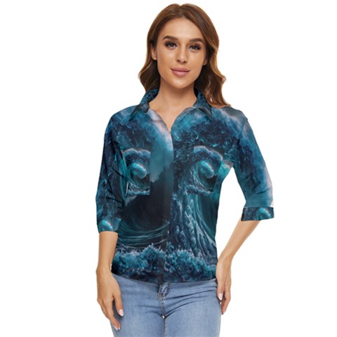 Tsunami Waves Ocean Sea Water Rough Seas Women s Quarter Sleeve Pocket Shirt by uniart180623