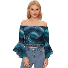 Tsunami Waves Ocean Sea Water Rough Seas Off Shoulder Flutter Bell Sleeve Top by uniart180623