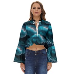 Tsunami Waves Ocean Sea Water Rough Seas Boho Long Bell Sleeve Top by uniart180623