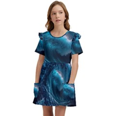 Tsunami Waves Ocean Sea Water Rough Seas Kids  Frilly Sleeves Pocket Dress by uniart180623