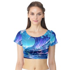 Tsunami Tidal Wave Ocean Waves Sea Nature Water Blue Short Sleeve Crop Top by uniart180623