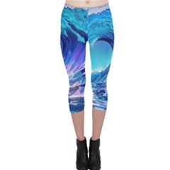 Tsunami Tidal Wave Ocean Waves Sea Nature Water Blue Capri Leggings  by uniart180623