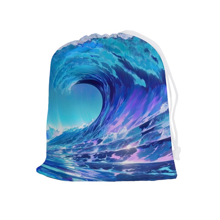 Tsunami Tidal Wave Ocean Waves Sea Nature Water Blue Drawstring Pouch (XL)