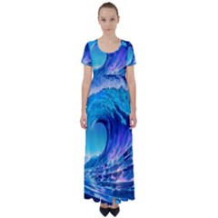 Tsunami Tidal Wave Ocean Waves Sea Nature Water Blue High Waist Short Sleeve Maxi Dress by uniart180623