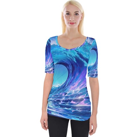 Tsunami Tidal Wave Ocean Waves Sea Nature Water Blue Wide Neckline Tee by uniart180623