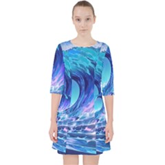 Tsunami Tidal Wave Ocean Waves Sea Nature Water Blue Quarter Sleeve Pocket Dress by uniart180623