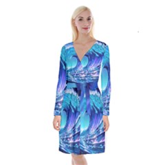 Tsunami Tidal Wave Ocean Waves Sea Nature Water Blue Long Sleeve Velvet Front Wrap Dress by uniart180623