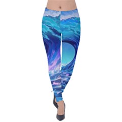 Tsunami Tidal Wave Ocean Waves Sea Nature Water Blue Velvet Leggings by uniart180623