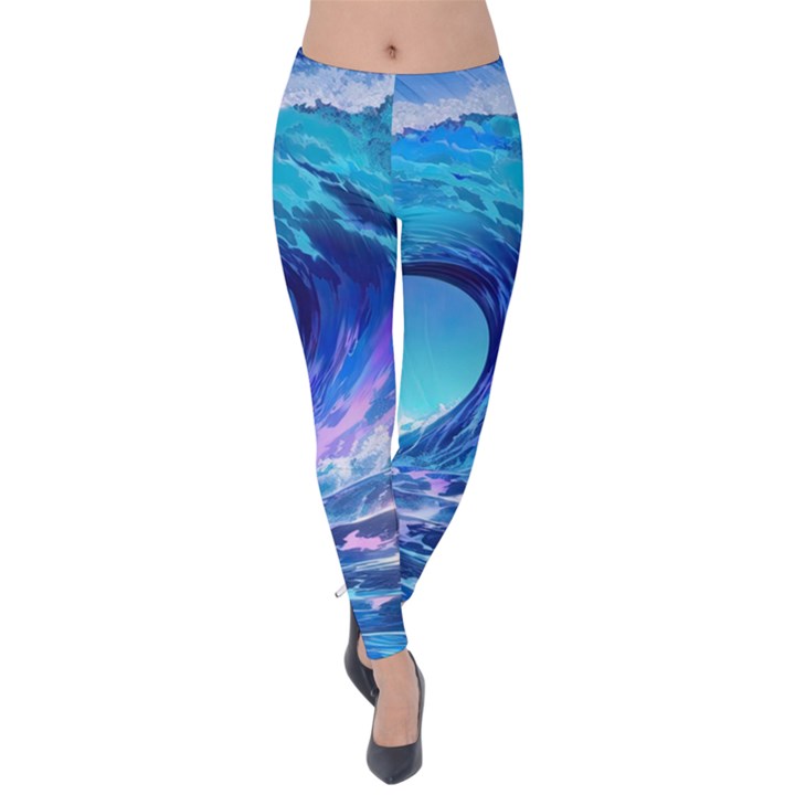 Tsunami Tidal Wave Ocean Waves Sea Nature Water Blue Velvet Leggings