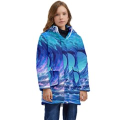 Tsunami Tidal Wave Ocean Waves Sea Nature Water Blue Kids  Hooded Longline Puffer Jacket by uniart180623