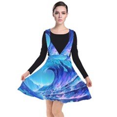 Tsunami Tidal Wave Ocean Waves Sea Nature Water Blue Plunge Pinafore Dress by uniart180623