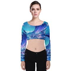 Tsunami Tidal Wave Ocean Waves Sea Nature Water Blue Velvet Long Sleeve Crop Top by uniart180623