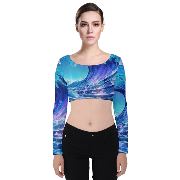 Tsunami Tidal Wave Ocean Waves Sea Nature Water Blue Velvet Long Sleeve Crop Top