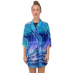 Tsunami Tidal Wave Ocean Waves Sea Nature Water Blue Half Sleeve Chiffon Kimono by uniart180623