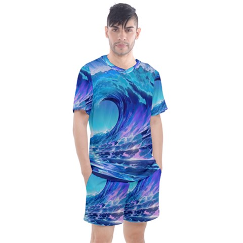 Tsunami Tidal Wave Ocean Waves Sea Nature Water Blue Men s Mesh Tee And Shorts Set by uniart180623