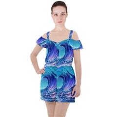 Tsunami Tidal Wave Ocean Waves Sea Nature Water Blue Ruffle Cut Out Chiffon Playsuit by uniart180623