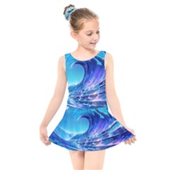 Tsunami Tidal Wave Ocean Waves Sea Nature Water Blue Kids  Skater Dress Swimsuit by uniart180623