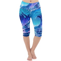 Tsunami Tidal Wave Ocean Waves Sea Nature Water Blue Lightweight Velour Cropped Yoga Leggings by uniart180623