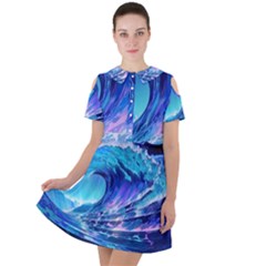 Tsunami Tidal Wave Ocean Waves Sea Nature Water Blue Short Sleeve Shoulder Cut Out Dress  by uniart180623