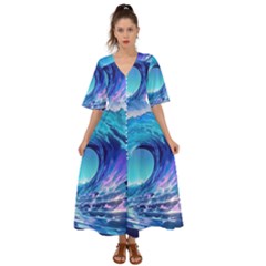 Tsunami Tidal Wave Ocean Waves Sea Nature Water Blue Kimono Sleeve Boho Dress by uniart180623