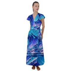 Tsunami Tidal Wave Ocean Waves Sea Nature Water Blue Flutter Sleeve Maxi Dress by uniart180623