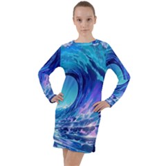 Tsunami Tidal Wave Ocean Waves Sea Nature Water Blue Long Sleeve Hoodie Dress by uniart180623