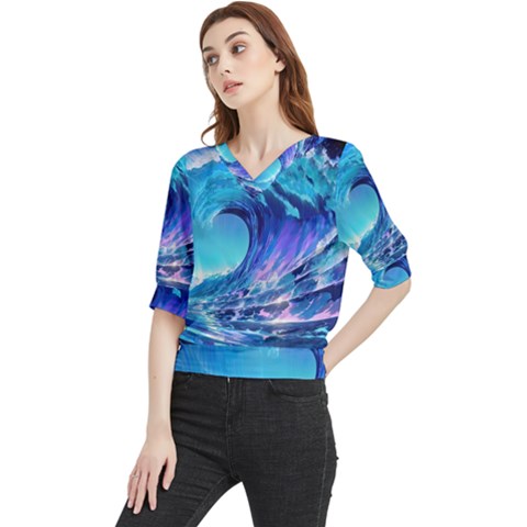 Tsunami Tidal Wave Ocean Waves Sea Nature Water Blue Quarter Sleeve Blouse by uniart180623