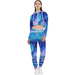 Tsunami Tidal Wave Ocean Waves Sea Nature Water Blue Cropped Zip Up Lounge Set by uniart180623