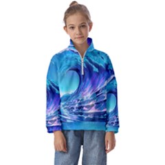 Tsunami Tidal Wave Ocean Waves Sea Nature Water Blue Kids  Half Zip Hoodie