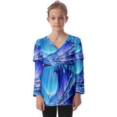 Tsunami Tidal Wave Ocean Waves Sea Nature Water Blue Kids  V Neck Casual Top by uniart180623