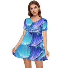 Tsunami Tidal Wave Ocean Waves Sea Nature Water Blue Tiered Short Sleeve Babydoll Dress by uniart180623