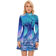 Tsunami Tidal Wave Ocean Waves Sea Nature Water Blue Long Sleeve Velour Longline Dress by uniart180623