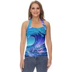 Tsunami Tidal Wave Ocean Waves Sea Nature Water Blue Basic Halter Top by uniart180623