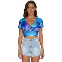 Tsunami Tidal Wave Ocean Waves Sea Nature Water Blue V-neck Crop Top by uniart180623