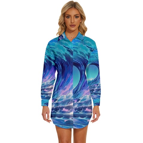 Tsunami Tidal Wave Ocean Waves Sea Nature Water Blue Womens Long Sleeve Shirt Dress by uniart180623