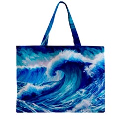 Tsunami Tidal Wave Ocean Waves Sea Nature Water Blue Painting Zipper Mini Tote Bag by uniart180623