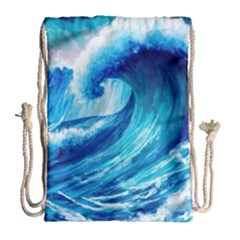 Tsunami Tidal Wave Ocean Waves Sea Nature Water Blue Painting Drawstring Bag (large) by uniart180623