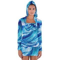 Tsunami Tidal Wave Ocean Waves Sea Nature Water Blue Painting Long Sleeve Hooded T-shirt by uniart180623